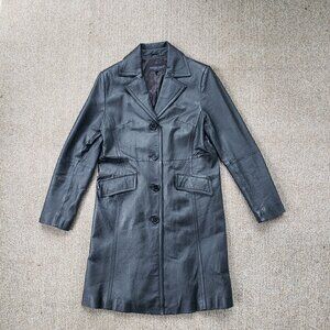 Black Leather Trench Coat United Face New York Women's Medium